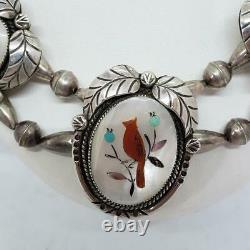 Navajo Cardinal Bird Necklace Multi Stone Inlay Sterling Silver Bead Necklace