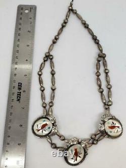 Navajo Cardinal Bird Necklace Multi Stone Inlay Sterling Silver Bead Necklace