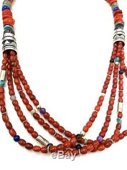 Navajo Coral Multi Stone Bead Sterling Silver Navajo Necklace By Tommy Singer