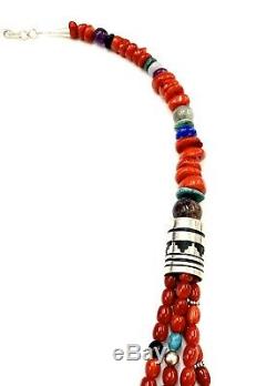 Navajo Coral Multi Stone Bead Sterling Silver Navajo Necklace By Tommy Singer