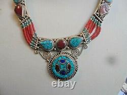 Navajo Indian 925 Silver Turquoise Coral Semi Precious Necklace 20 Inch