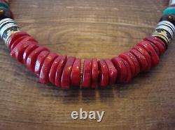 Navajo Indian Sterling Silver Coral Gemstone Beaded Necklace Signed T&R Singer
