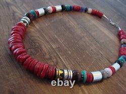 Navajo Indian Sterling Silver Coral Gemstone Beaded Necklace Signed T&R Singer