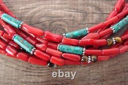 Navajo Indian Sterling Silver Coral and Turquoise Gemstone Beaded Necklace T&