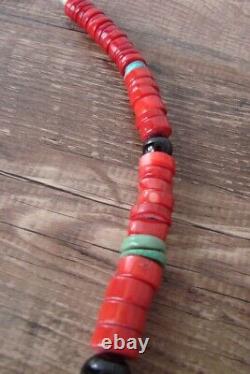 Navajo Indian Sterling Silver Coral and Turquoise Gemstone Beaded Necklace T&
