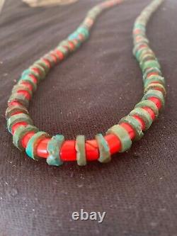 Navajo Native American Sterling Silver Heishi Turquoise Coral Necklace 21 4757