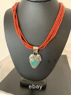 Navajo Native Indian Sterling Silver Coral Turquoise Bead Necklace Pendant 370