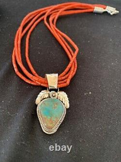 Navajo Native Indian Sterling Silver Coral Turquoise Bead Necklace Pendant 370