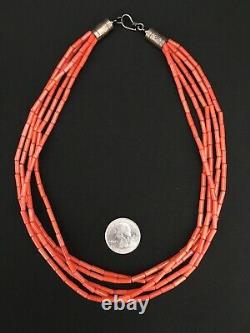 Navajo Orange Coral 5S Sterling Silver Tube Heishi Bead Necklace 18 1108