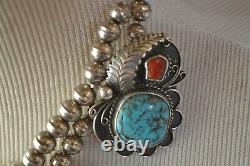 Navajo Pearl Bead Sterling Silver Turquoise Coral Lariat Necklace Feather Choker