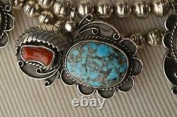 Navajo Pearl Bead Sterling Silver Turquoise Coral Lariat Necklace Feather Choker