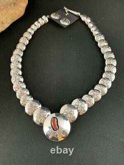 Navajo Pearls Sterling Silver CORAL Graduated Pillow Stamped Bead Necklace 264
