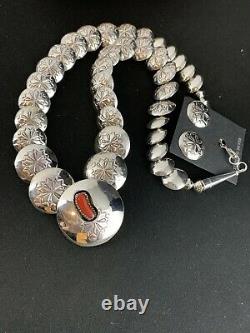 Navajo Pearls Sterling Silver CORAL Graduated Pillow Stamped Bead Necklace 264