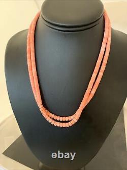 Navajo Pink Coral 2 Strand Sterling Silver Tube Heishi Bead Necklace 16 758