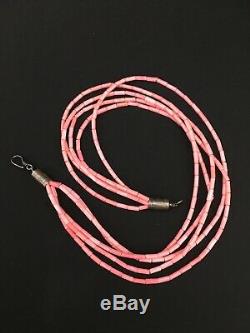 Navajo Pink Coral 5S Sterling Silver Tube Heishi Bead Necklace 19 1102