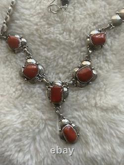 Navajo Sterling Silver Coral Bead Necklace 24 Inch