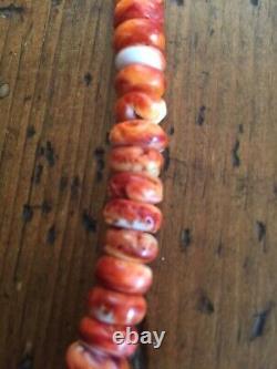Navajo red orange white 20 spiny oyster shell bead necklace sterling silver