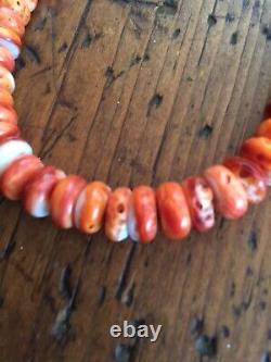 Navajo red orange white 20 spiny oyster shell bead necklace sterling silver