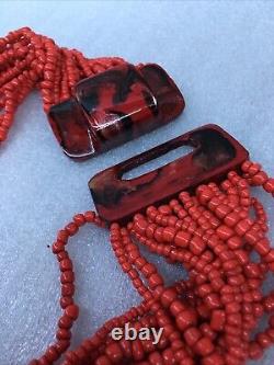 NecklaceVintage Red Coral/Agate Bead Necklace Multi Strand Boho Retro Handmade
