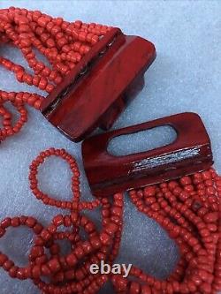 NecklaceVintage Red Coral/Agate Bead Necklace Multi Strand Boho Retro Handmade