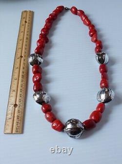 Necklace Beaded Sponge Coral And Chunky Sterling Silver Vintage Bead Strand 150g