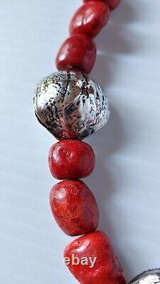 Necklace Beaded Sponge Coral And Chunky Sterling Silver Vintage Bead Strand 150g