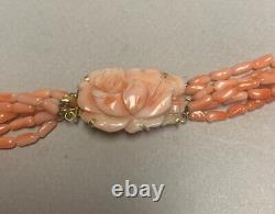 Necklace Coral Beads, 18 1/2 6 Strand, GF Clasp withCarved Floral Cameo