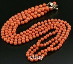 Necklace Coral Orange Beads Double 2 Rows 23 inch 14K Gold Clasp Japan Vintage