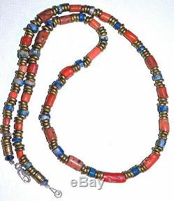 Necklace Of Antique Red Coral & Rare Scorzalite Stone Beads, African Metal Beads