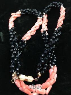 Necklace angel skin coral rice bead onyx gemstone rope necklace vintage Heavy uk