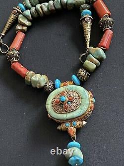 Nepalese Ghau & Turquoise With Orange Coral Vintage cabochon Prayer Box Necklace