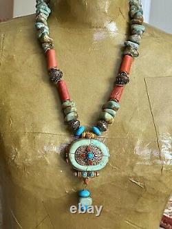 Nepalese Ghau & Turquoise With Orange Coral Vintage cabochon Prayer Box Necklace