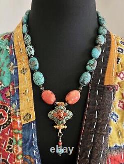 Nepalese Golden Ghau Gau withTurquoise & orange Coral Tibetan prayer box Necklace