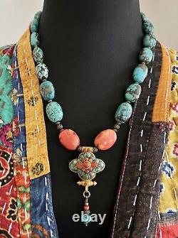 Nepalese Golden Ghau Gau withTurquoise & orange Coral Tibetan prayer box Necklace