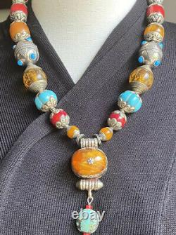 Nepalese vintage Handmade Amber Pendant & Capped Tibetan Nepal Beads Necklace