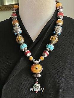 Nepalese vintage Handmade Amber Pendant & Capped Tibetan Nepal Beads Necklace