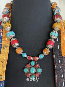 Nepalese vintage Turquoise Coral Pendant & Capped Tibetan Bohemian Bead Necklace