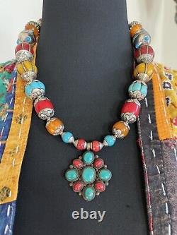Nepalese vintage Turquoise Coral Pendant & Capped Tibetan Bohemian Bead Necklace