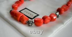 New Authentic GUCCI ANGER FOREST GUCCI FELINE HEADS & CORAL Beaded Necklace