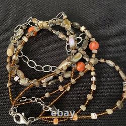Nice Estate Sterling Silver Abalone Coral & Amber Glass Bead Necklace 16-17.5