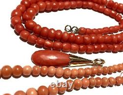 No dye Antique RED faceted natural coral barrel beads necklace