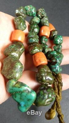 OLD TIBETAN SUPERB TURQUOISE & Sherpa Coral BEAD NECKLACE
