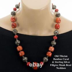 OLD Tibetan Monk Coral Necklace Sterling Silver Filgree Beads LARGE Heavy