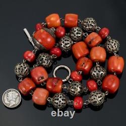 OLD Tibetan Monk Coral Necklace Sterling Silver Filgree Beads LARGE Heavy