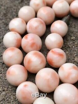 Old Chinese Carved Angel Skin Coral 10mm 11.5mm Bead Graduated Necklace 18.5