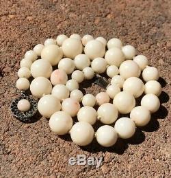 Old Chinese Carved Angel Skin Coral 6mm 11 mm Bead Graduated Necklace 17.5
