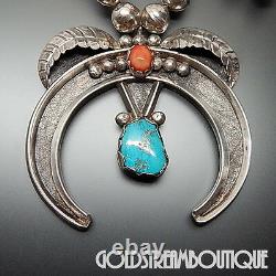 Old Dead Pawn Navajo Pueblo 925 Silver Coral Turquoise Huge Naja Beaded Necklace