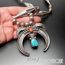 Old Dead Pawn Navajo Pueblo 925 Silver Coral Turquoise Huge Naja Beaded Necklace