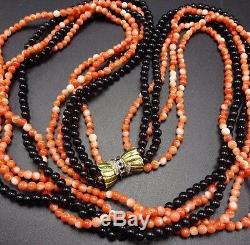 Old Estate CORAL & ONYX Bead 5-Strand NECKLACE Sapphire & Diamond 14K GOLD Clasp