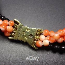 Old Estate CORAL & ONYX Bead 5-Strand NECKLACE Sapphire & Diamond 14K GOLD Clasp